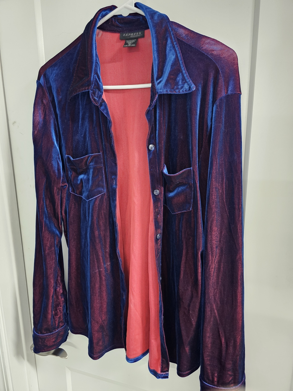 Express Shimmer Velvet Shirt in Blue and Burgundy
